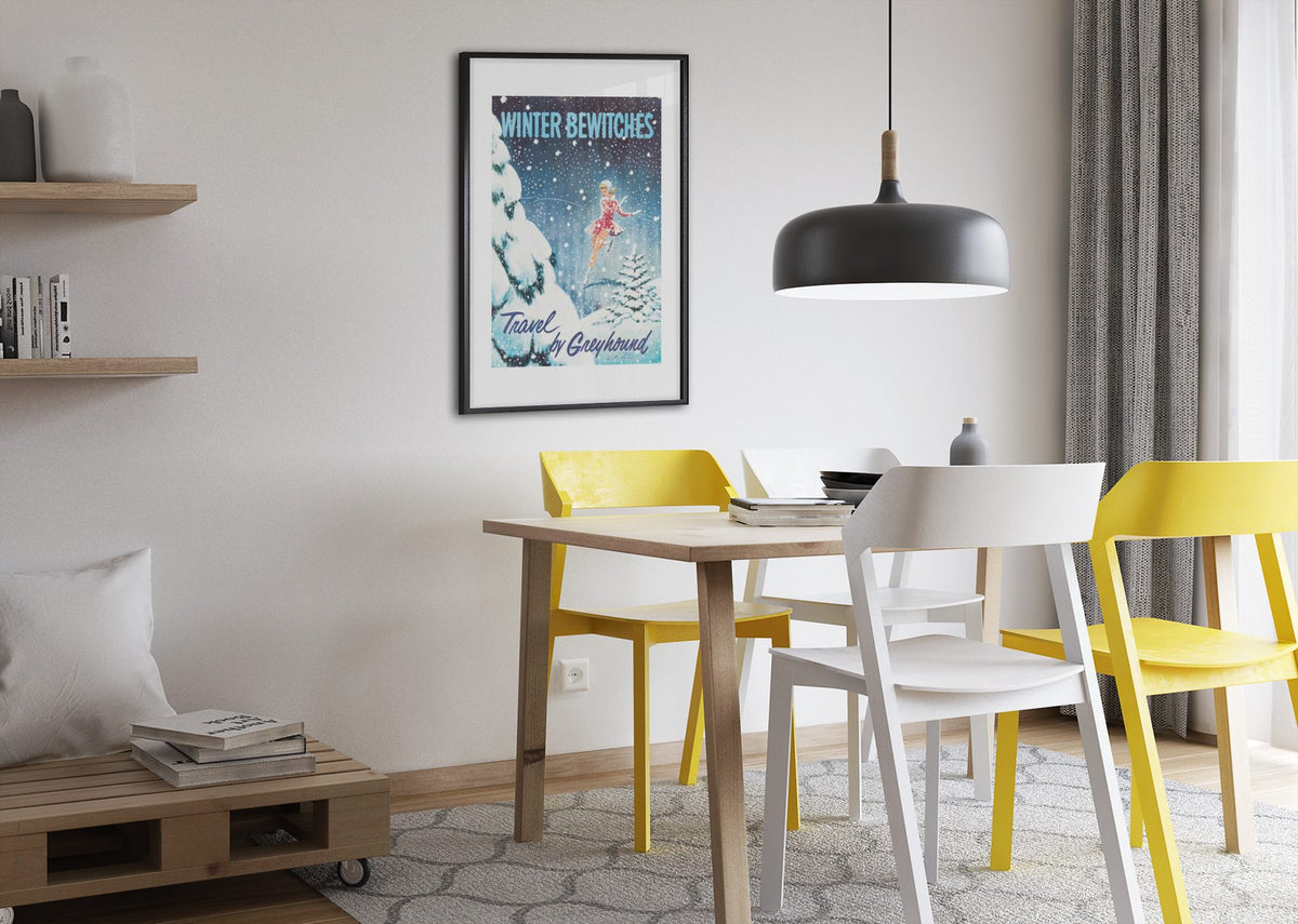 Winter Bewitches Greyhound poster framed above a dining table