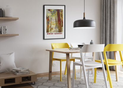 Winter in Germany poster framed above a dining table