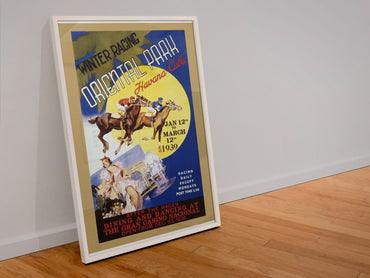Winter Racing Oriental Park Havana poster in a white frame leaning against a wall