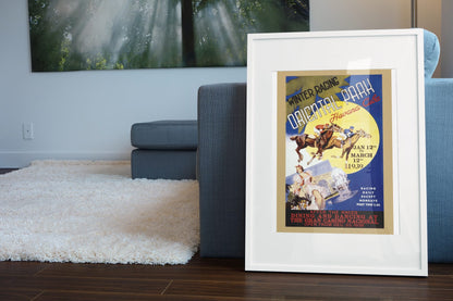 Winter Racing Oriental Park Havana poster leaning beside a blue sofa