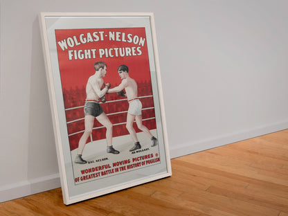 Wolgast Nelson Fight Pictures poster in a white frame leaning against a wall
