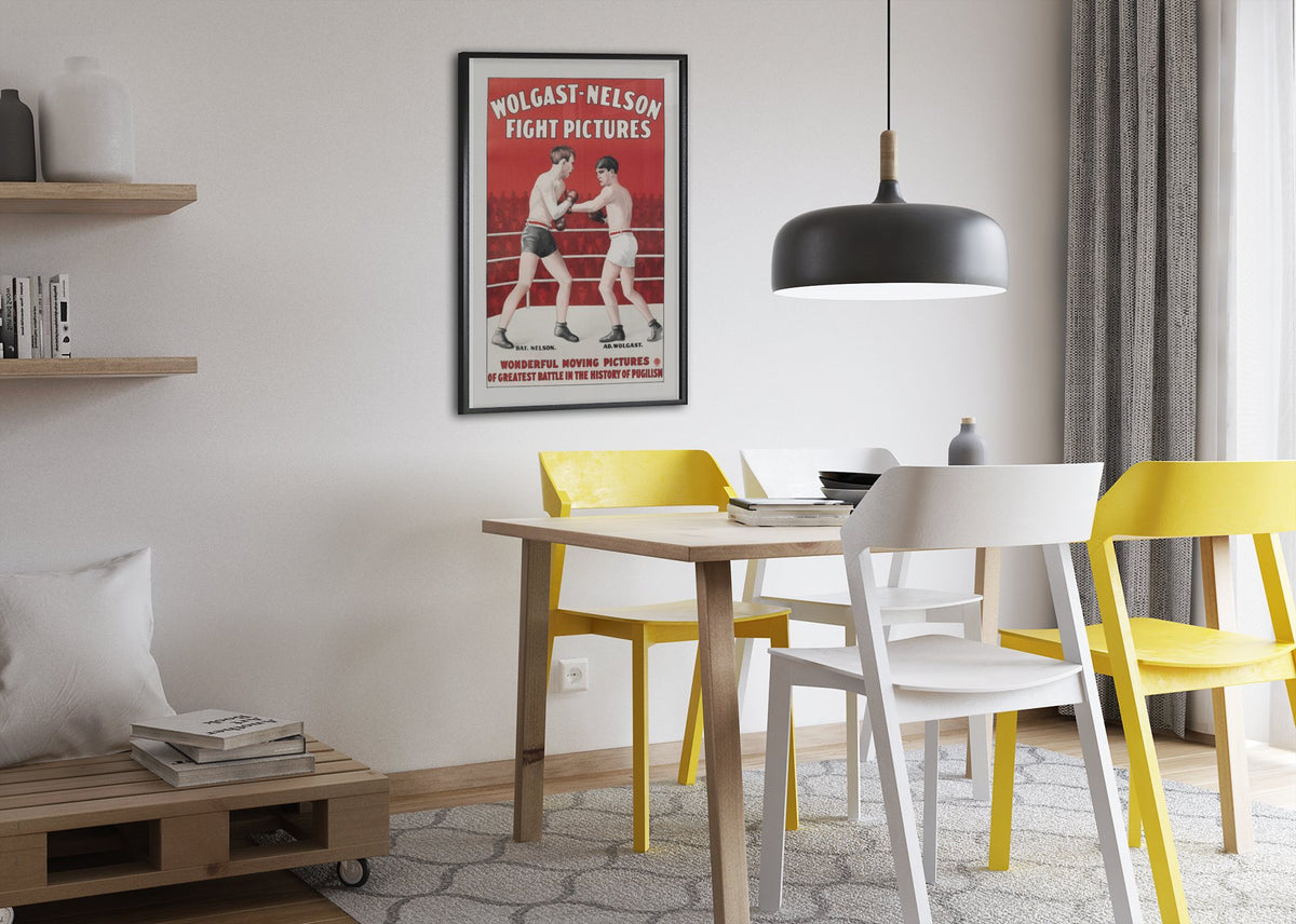 Wolgast Nelson Fight Pictures poster framed above a dining table
