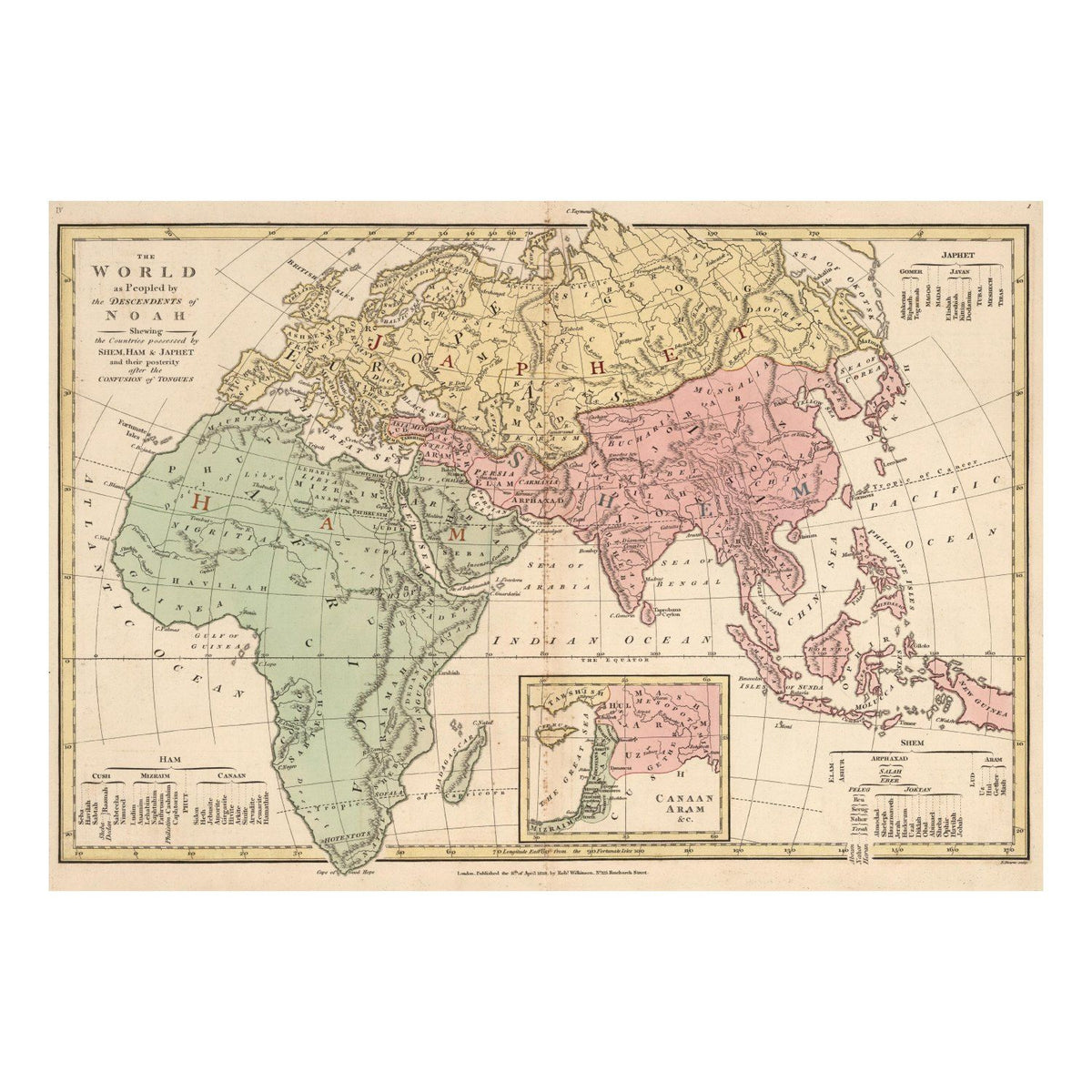 World as Peopled by the Descendants of Noah Map vintage print