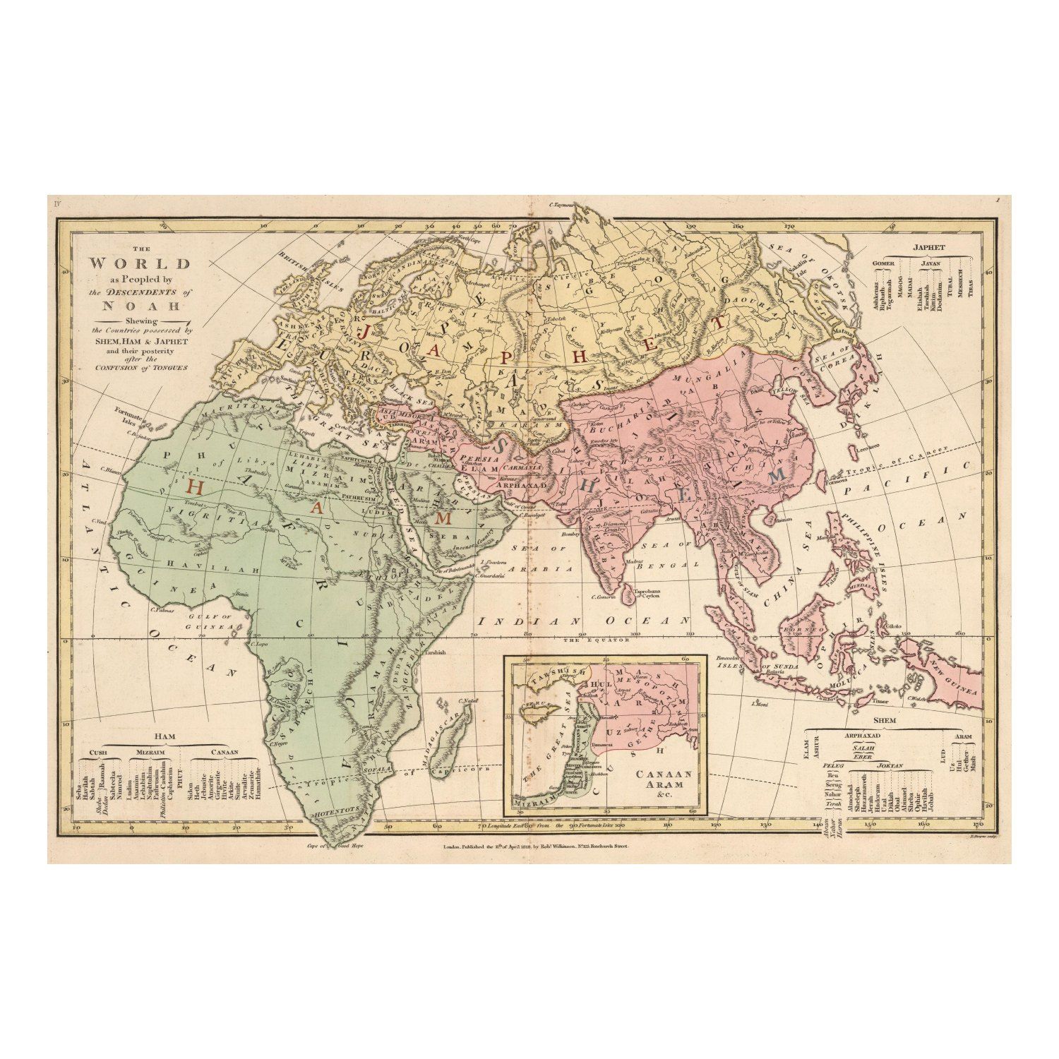 World as Peopled by the Descendants of Noah Map vintage print