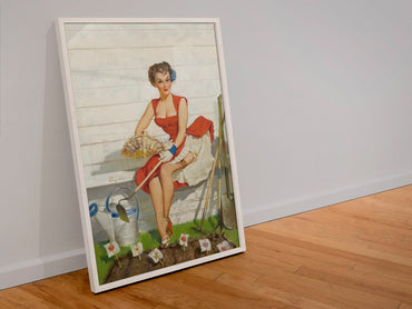 Worth Cultivating by Gil Elvgren, pin-up poster — leaning frame