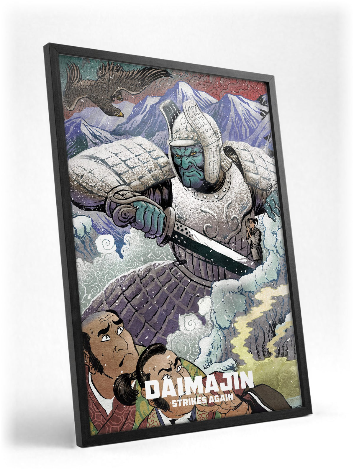 Wrath of Daimajin (1966) Movie Illustrated Art poster in a black frame with glass leaning against a wall