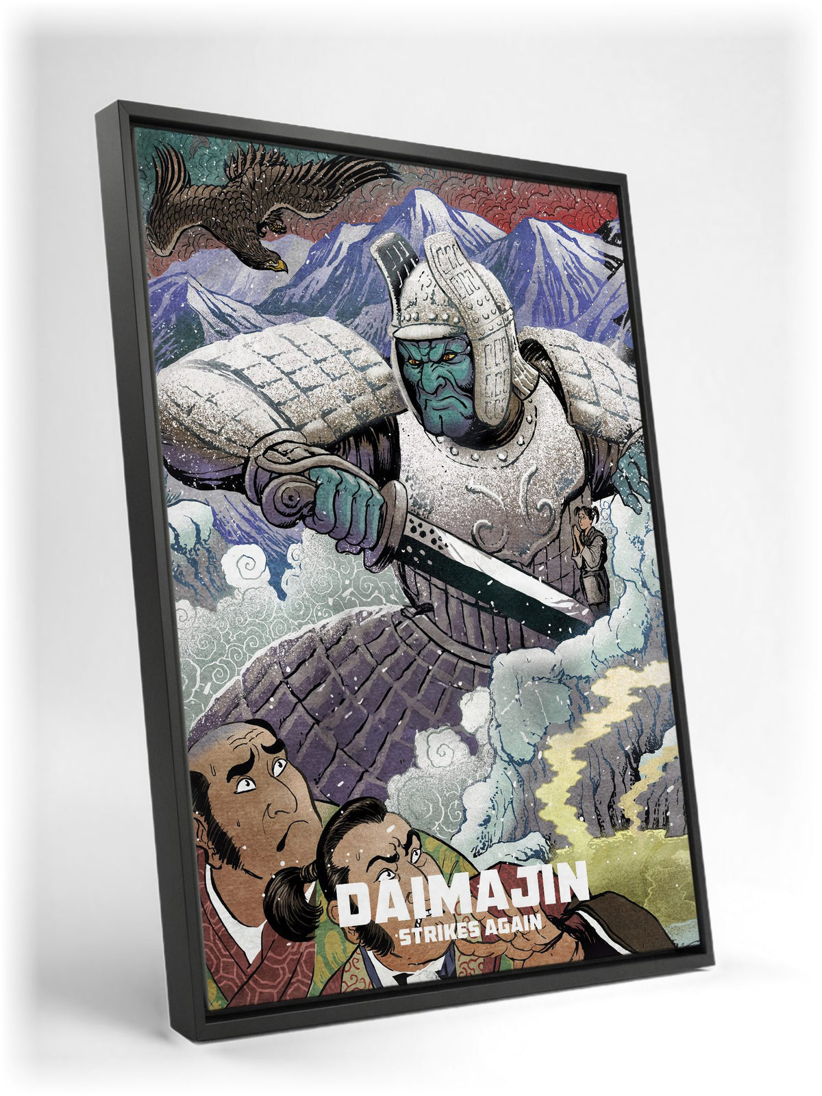 Wrath of Daimajin (1966) Movie Illustrated Art as a black floater framed canvas leaning against a wall