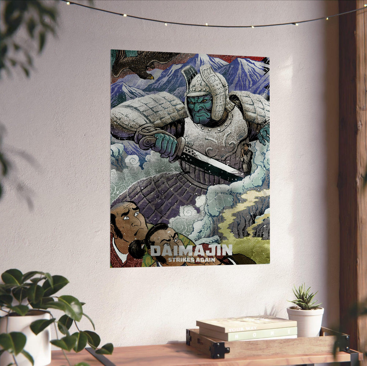 Wrath of Daimajin (1966) Movie Illustrated Art poster unframed on a white wall above a desk