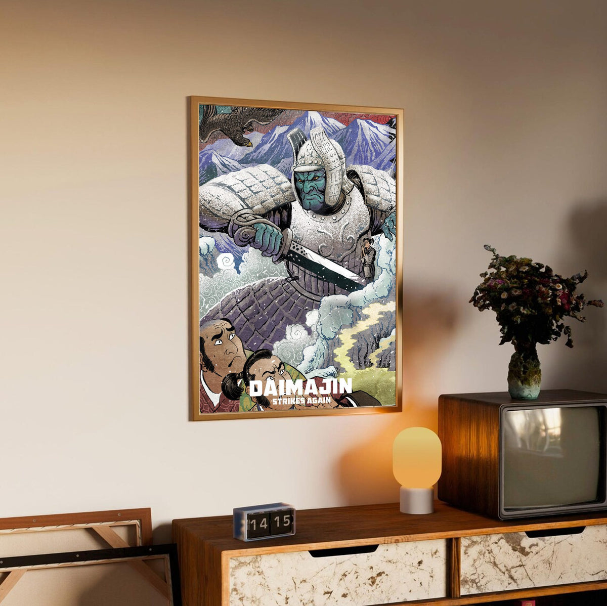 Wrath of Daimajin (1966) Movie Illustrated Art poster in an oak frame above a sideboard