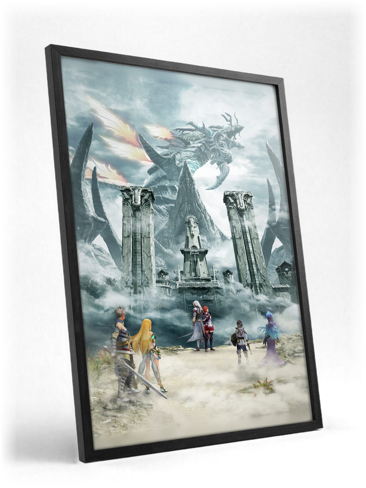 Xenoblade Chronicles 2: Torna – The Golden Country Key Art poster in a black frame with glass leaning against a wall