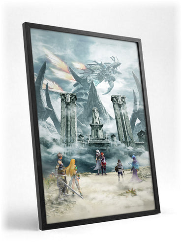 Xenoblade Chronicles 2: Torna – The Golden Country Key Art poster in a black frame with glass leaning against a wall