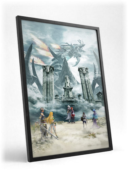 Xenoblade Chronicles 2: Torna – The Golden Country Key Art poster in a black frame with glass leaning against a wall