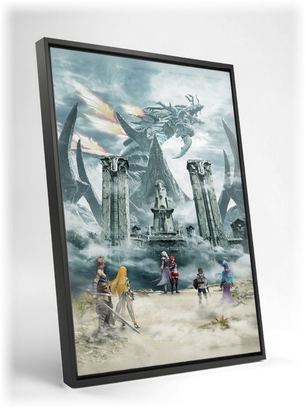 Xenoblade Chronicles 2: Torna – The Golden Country Key Art as a black floater framed canvas leaning against a wall