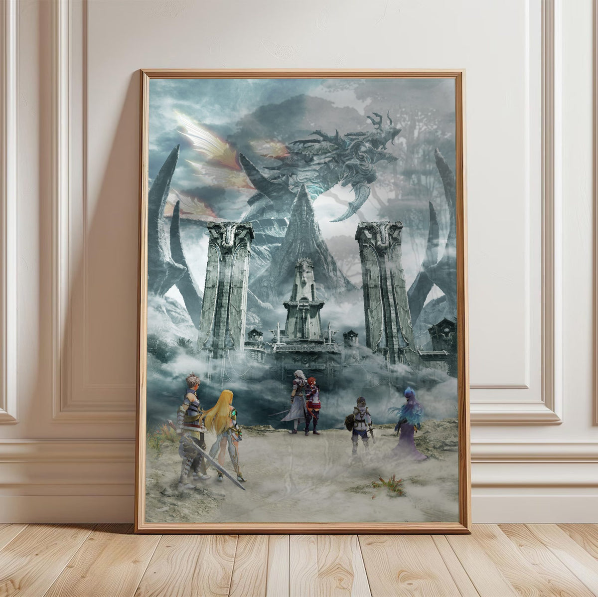 Xenoblade Chronicles 2: Torna – The Golden Country Key Art poster in a light oak frame leaning against a white wall