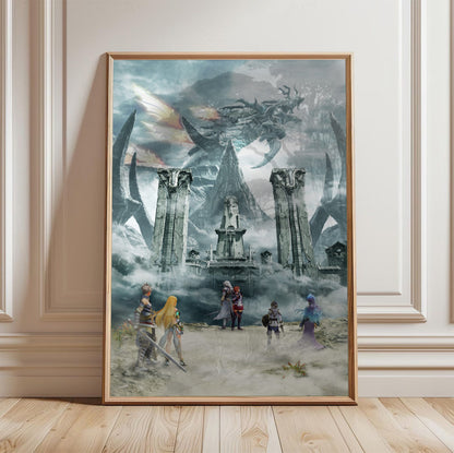 Xenoblade Chronicles 2: Torna – The Golden Country Key Art poster in a light oak frame leaning against a white wall