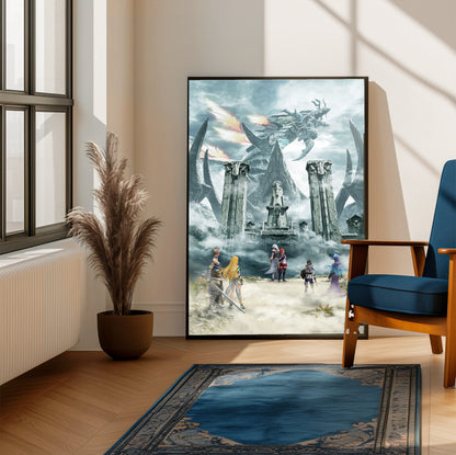 Xenoblade Chronicles 2: Torna – The Golden Country Key Art poster framed beside a blue armchair in a sunlit room