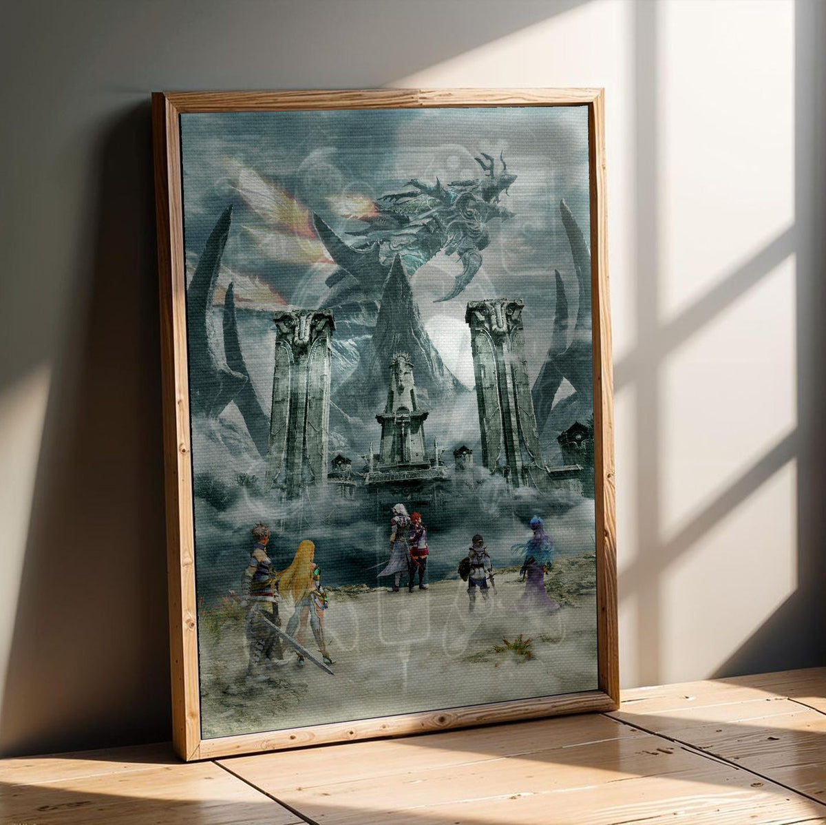 Xenoblade Chronicles 2: Torna – The Golden Country Key Art poster in an oak frame leaning on a wooden floor