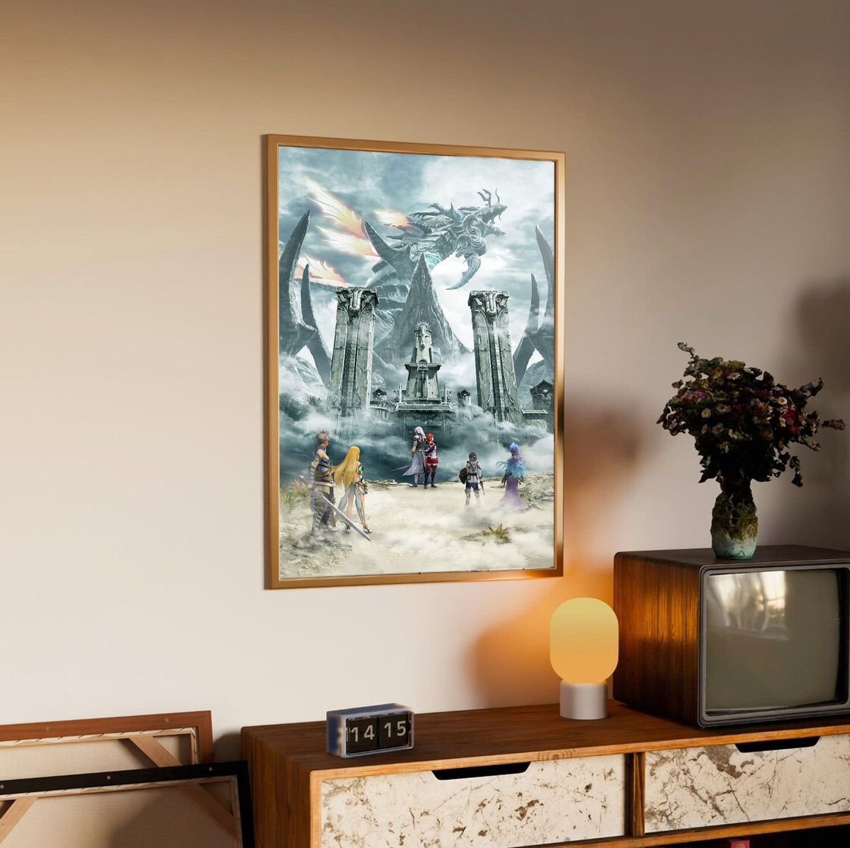 Xenoblade Chronicles 2: Torna – The Golden Country Key Art poster in an oak frame above a sideboard