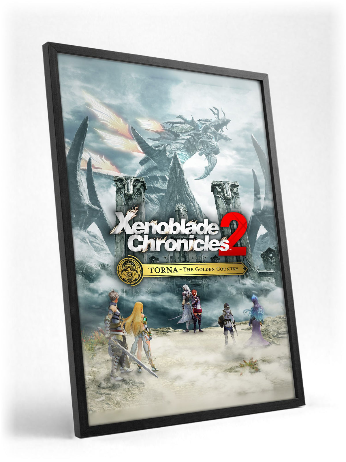 Xenoblade Chronicles 2: Torna – The Golden Country Key Art poster in a black frame with glass leaning against a wall