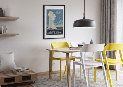 Yellowstone Old Faithful WPA poster framed above a dining table