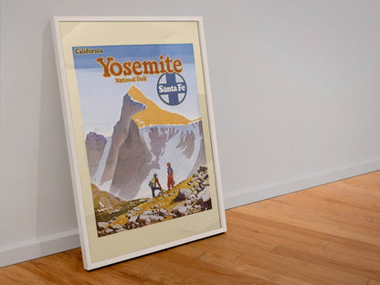 Yosemite Santa Fe poster in a white frame leaning against a wall
