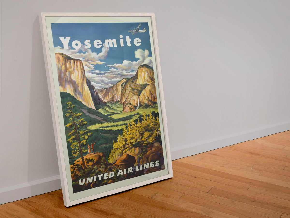 Yosemite United Air Lines poster in a white frame leaning against a wall
