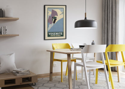 Yosemite Winter Sports Half Dome poster framed above a dining table