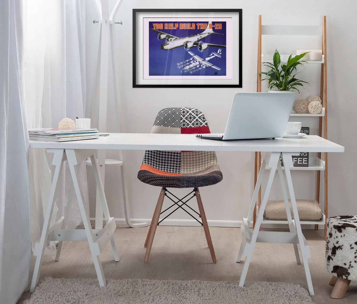You Help Build the B-29 poster framed above a white desk in a home office