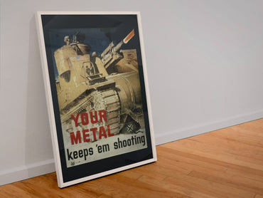 Your Metal Keeps Em Shooting poster in a white frame leaning against a wall