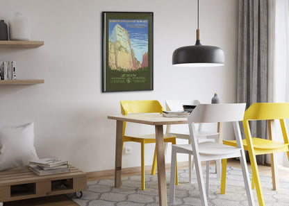 Zion National Park poster framed above a dining table