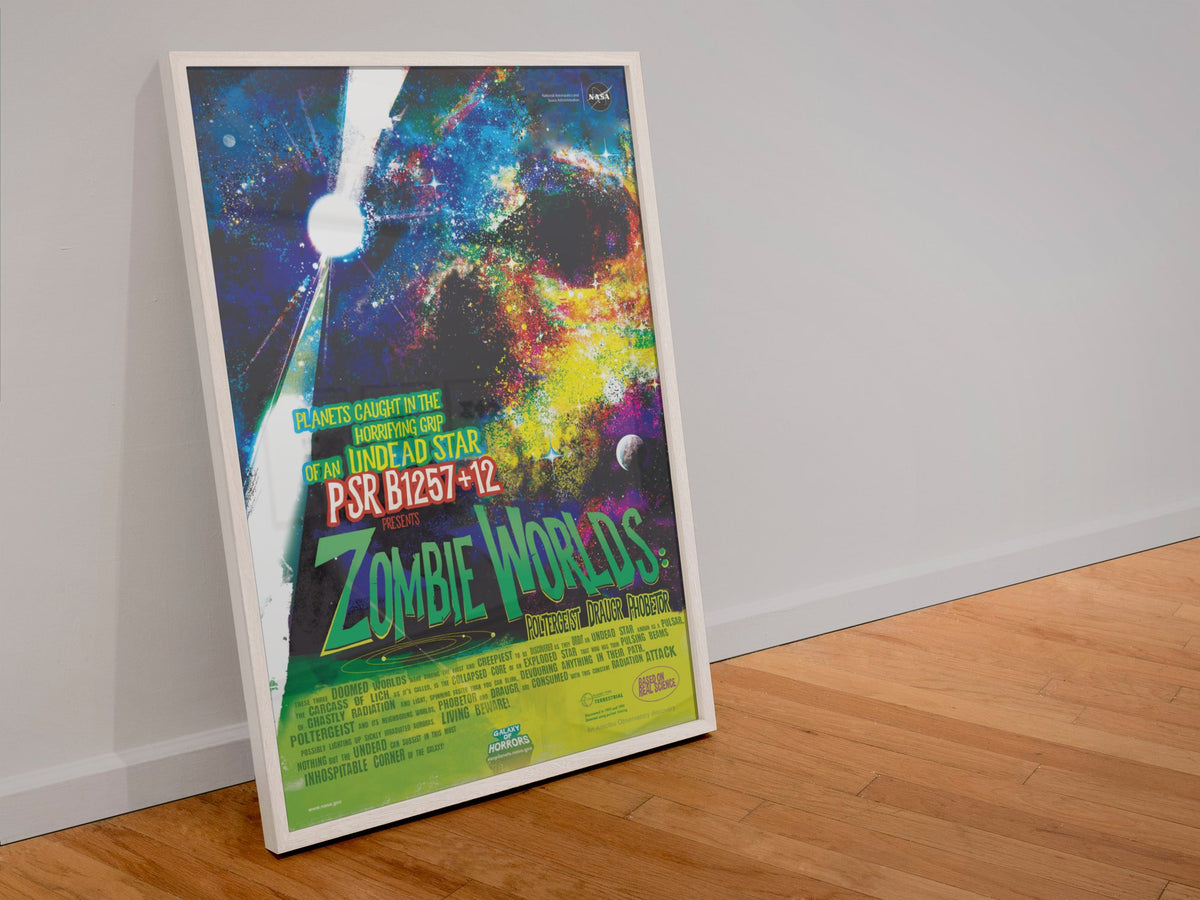 Zombie Worlds, NASA Galaxy of Horrors poster in a white frame leaning against a wall