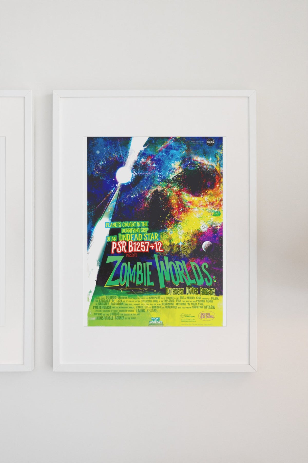 Zombie Worlds, NASA Galaxy of Horrors poster in a white frame on a light wall