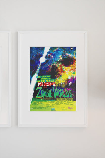 Zombie Worlds, NASA Galaxy of Horrors poster in a white frame on a light wall