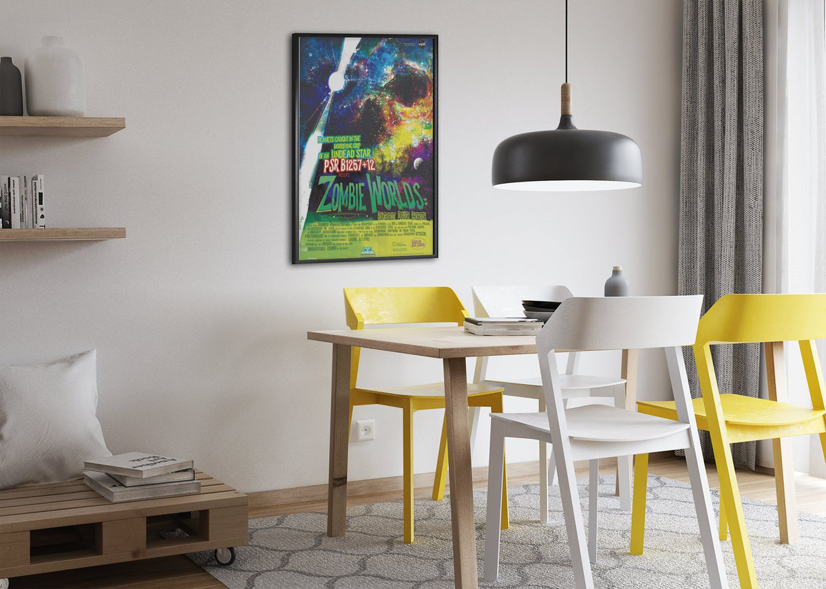 Zombie Worlds, NASA Galaxy of Horrors poster framed above a dining table