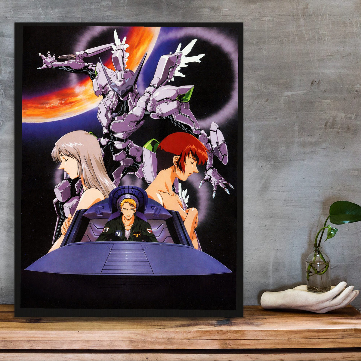 Zone of the Enders: Idolo (2001) Key Art poster in a black frame on a wooden shelf against concrete